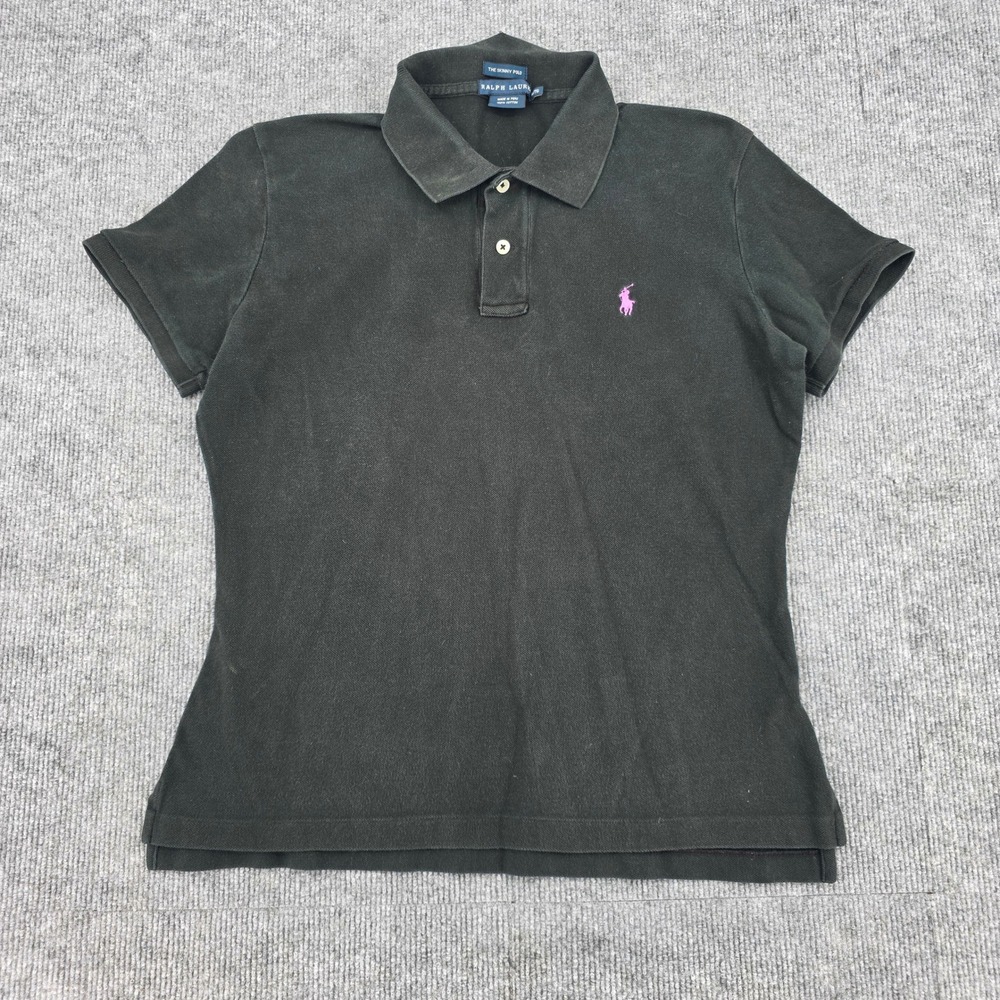 Ralph Lauren The Skinny Polo Shirt Womens XL Black Pink Pony Logo Short Sleeve